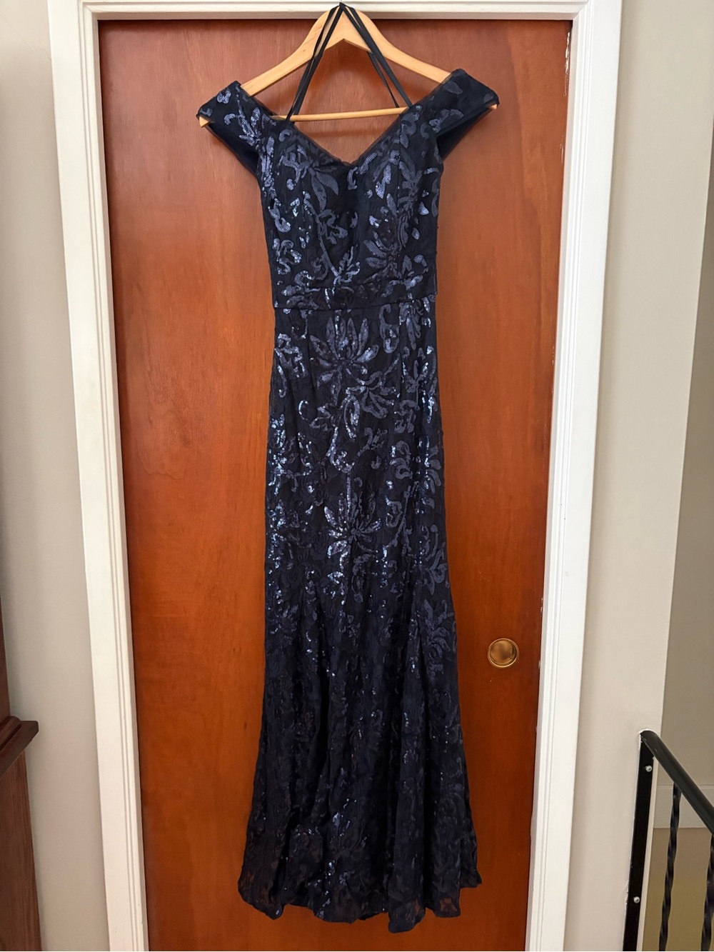 Xscape Navy Off-Shoulder Sequin Maxi Dress